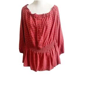 Lane Bryant Size 26/28 Square Neck Off The Shoulder Peasant Blouse Pink Metallic